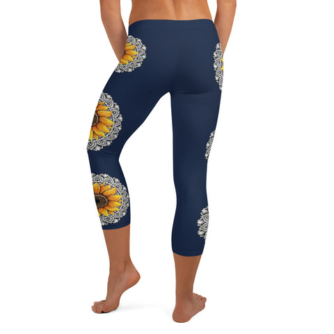 Mandala 25 Sunflower Low Rise Capri Leggings Dark Blue