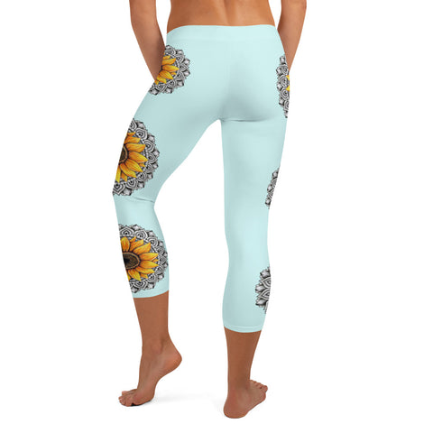 Mandala 25 Sunflower Low Rise Capri Leggings Light Blue