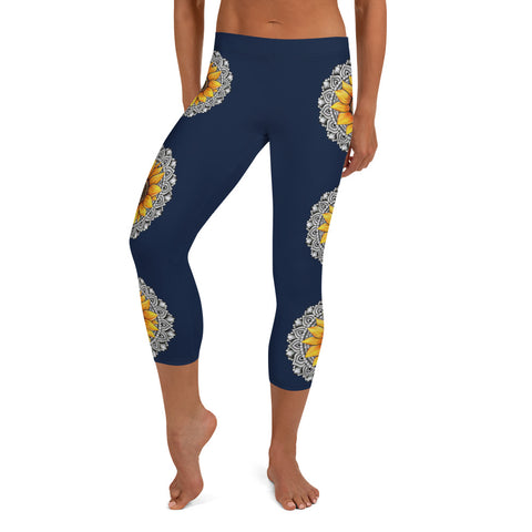 Mandala 25 Sunflower Low Rise Capri Leggings Dark Blue