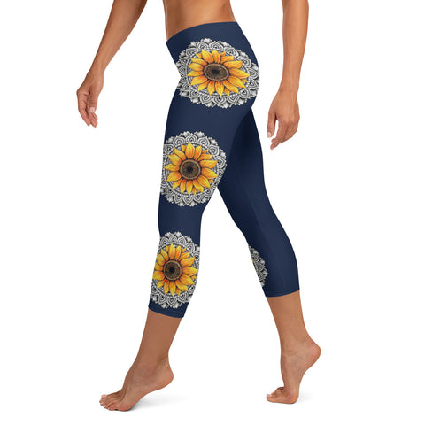 Mandala 25 Sunflower Low Rise Capri Leggings Dark Blue