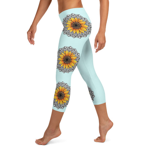 Mandala 25 Sunflower Low Rise Capri Leggings Light Blue