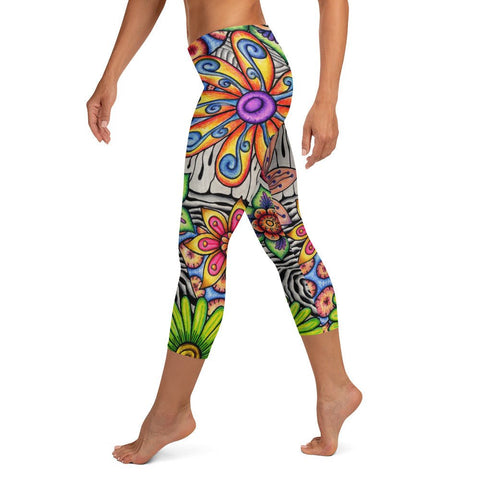 Flowers Over Dark Mid Rise Capri Leggings - Martin K Designs