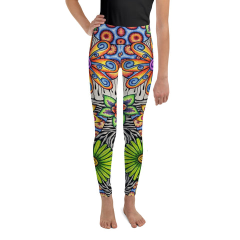 Flowers Over Dark Mid Rise Youth Leggings - Martin K Designs