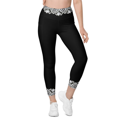 Mandala 25 Black Capri High Rise Leggings with pockets - Martin K Designs