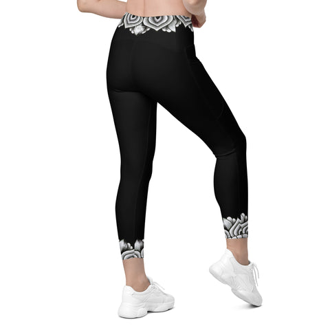 Mandala 25 Black Capri High Rise Leggings with pockets - Martin K Designs