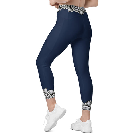 Mandala 25 Navy Blue Capri High Rise Leggings with pockets - Martin K Designs