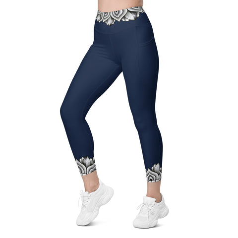 Mandala 25 Navy Blue Capri High Rise Leggings with pockets - Martin K Designs