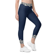 Mandala 25 Navy Blue Capri High Rise Leggings with pockets - Martin K Designs