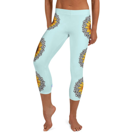 Mandala 25 Sunflower Mid Rise Capri Leggings Light Blue - Martin K Designs