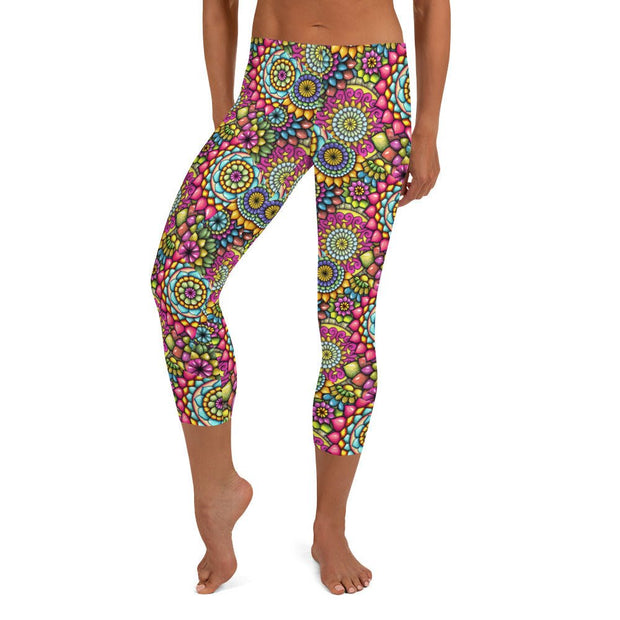 Mandala Collage 7B Mid Rise Capri Leggings - Martin K Designs