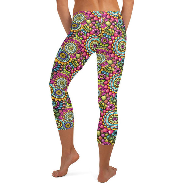 Mandala Collage 7B Mid Rise Capri Leggings - Martin K Designs