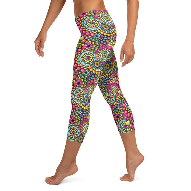 Mandala Collage 7B Mid Rise Capri Leggings - Martin K Designs