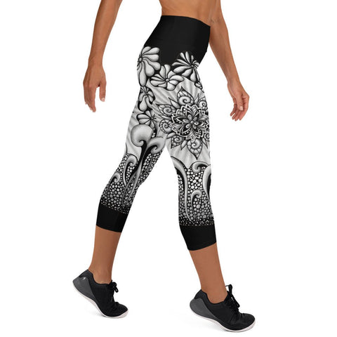 Mandala Flowers High Rise Yoga Capri Leggings with Inside Pocket - Martin K Designs