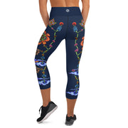 Steampunk Flowers High Rise Yoga Capri Leggings with Inside Pocket - Martin K Designs