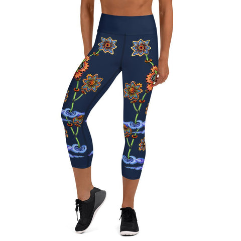 Steampunk Flowers High Rise Yoga Capri Leggings with Inside Pocket - Martin K Designs