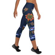 Steampunk Flowers High Rise Yoga Capri Leggings with Inside Pocket - Martin K Designs