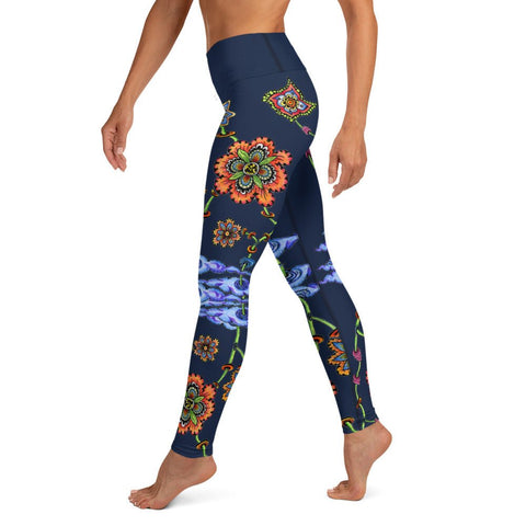 Steampunk Flowers High Rise Yoga Leggings with Inside Pocket - Martin K Designs