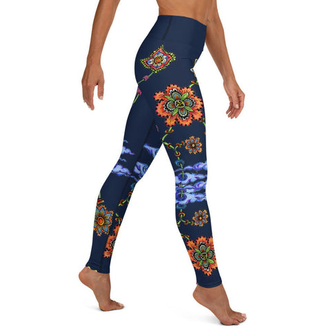 Steampunk Flowers High Rise Yoga Leggings with Inside Pocket - Martin K Designs