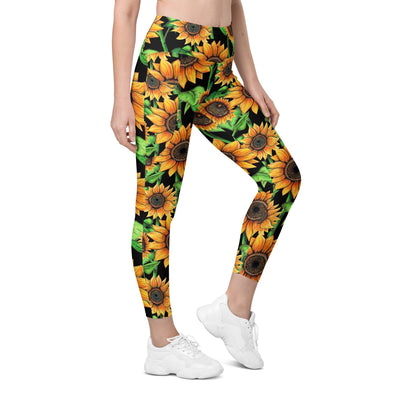 Sunflowers Capri High Rise Leggings with pockets - Martin K Designs