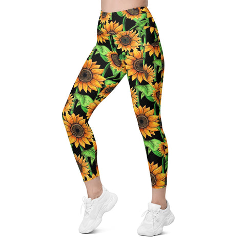 Sunflowers Capri High Rise Leggings with pockets - Martin K Designs